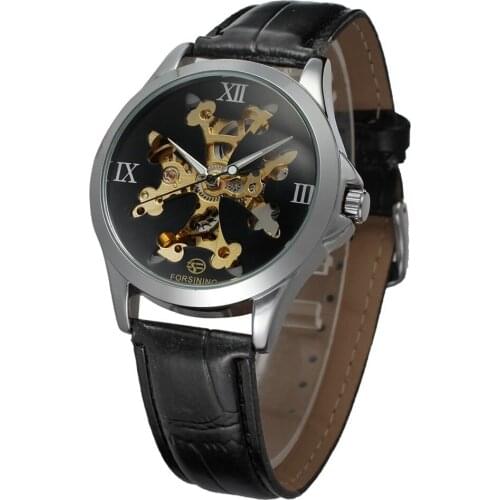 New FORSINING Watches Men Classic Leather Strap Gold Skeleton Dial Analog Hollow Out Automatic Mechanical Wristwatch Gift