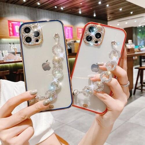 Plating Diamond Glitter Bracelet Case for iphone11 12ProMax Mini XR XS X 7 8Plus Flash Camera Protection Frame Clear Soft Cover