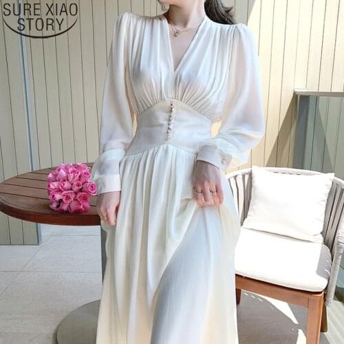Elegant Sexy Dress Women White Long Sleeve Party Dress Office Lady V-neck Loose Midi Dresses 2021 Autumn Clothing Female 12097