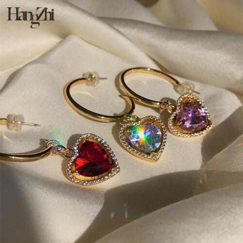 HANGZHI 2021 Vintage Colorful Clear Love Heart Rhinestone C-Shaped Hoop Earrings for Women Girls Party Jewelry Gifts