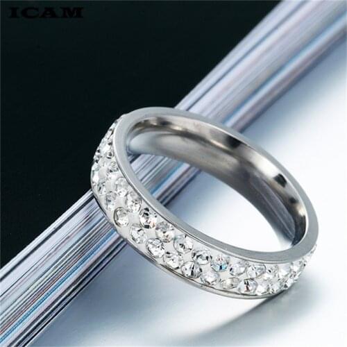 ICAM Full Size 2 row clear crystal Stainless steel Wedding rings fashion jewelry Made with Genuine CZ Crystals