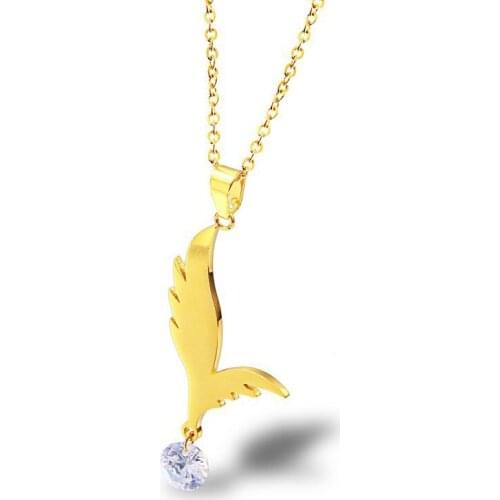 RIR Dainty Angel Wing Necklace Gold Stainless Steel Bird Wing With Crystal Pendant Necklace For Women Mom Gifts Jewelry