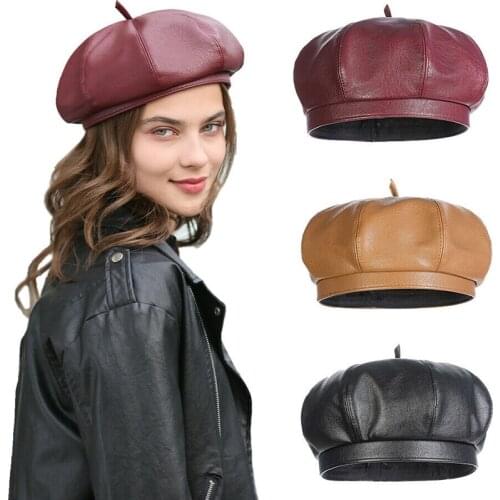 Fashion Women PU Leather Berets Ladies Black Milky White Red Flat Beret Hat Autumn Winter Artist Hats Wholesale