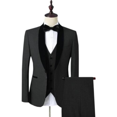 2019 Velvet Shawl Lapel Black/Royal Blue Groomsman Men Suit Slim Fit Jacket Tuxedo Custom Made Blazer Wedding Groom Formal Suits