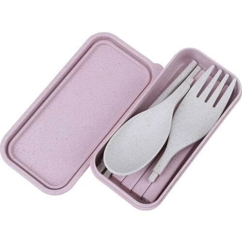 3PCS/Set Portable Wheat Straw Fork Cutlery Set Foldable Folding Chopsticks Set With Box Picnic Camping Travel Tableware Set