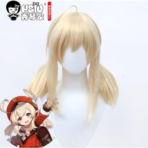 HSIU Game Genshin Impact Klee cosplay Wigs Beige double ponytail short hair Heat Resistant Synthetic Hair + Free brand wig cap