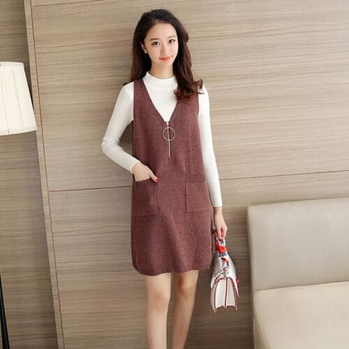 Spring Autumn Sleeveless Long Knitted Vest Dress Women Pullover V-Neck Korean Loose Zipper Pocket Sweater Tops Veste Femme Z1015