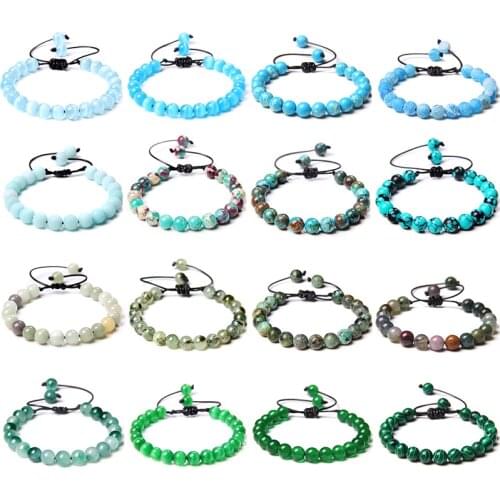 Handmade Fashion Natural Green Blue Round Stone Braided Bracelet Jewelry Femme Homme Healing Bracelet Gifts for Women Men Couple