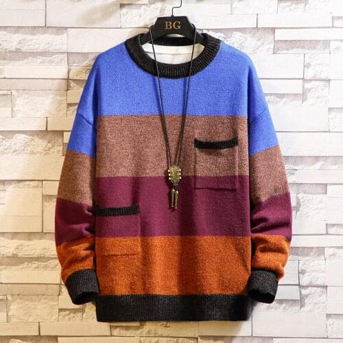 Pullovers Men Autumn Pocket Knitted Sweater Loose O-Neck Jumpers Fashion Harajuku Plus Size Street All-match Sweaters Coat Male