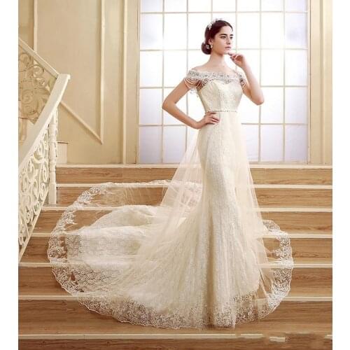 2020 Luxury Lace Wedding Dresses Mermaid Sleeveless Off Shoulder Tulle Overskirt Pearls Bridal Gowns robes de mariée