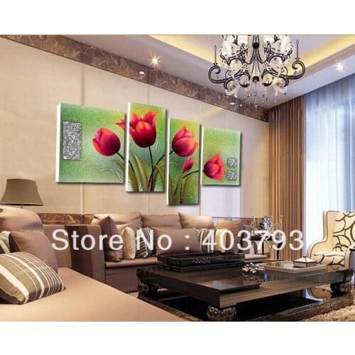 Hand painted Modern Oil Paintings On Canvas nice red Tulips flower landscape decoration (No frame) free shipping