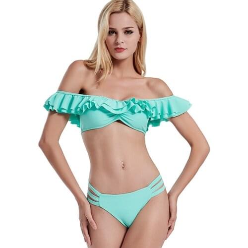 Sexy Solid Bikini 2021 Women Ruffle Bandeau Swimsuit Low Waist Swimwear Beach Thong Bikini Set Bathing Maillot De Bain Femme