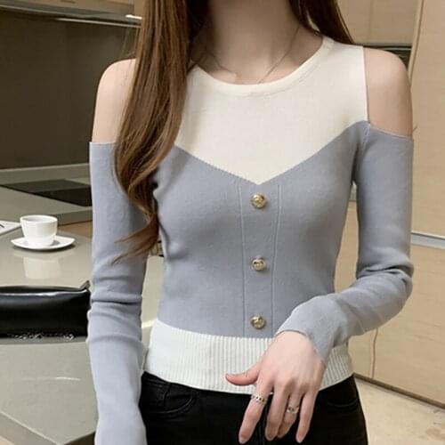 New Autumn Off Shoulder Women Knitted Sweater Casual Long Sleeve Top Jersey Mujer Sweaters Ladies Slim Short Patchwork Pullover