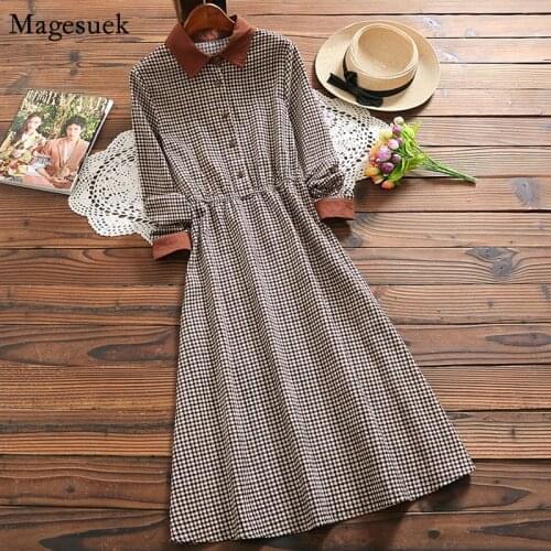 Vintage Plaid Spring Dress Women 2021 Turn-Down Collar Button Corduroy Short Dress Party Long Sleeve Woman Dresses Vestidos 7424