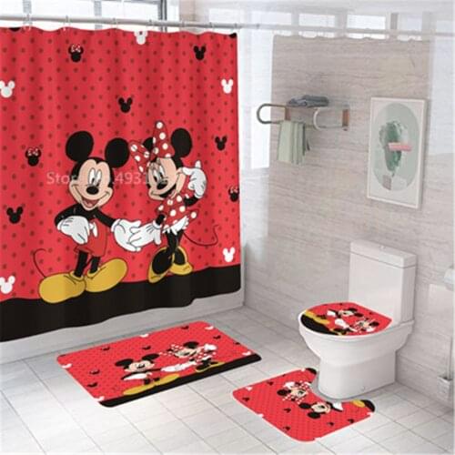 The New Disney Mickey Minnie Mouse Print Shower Curtain Carpet Cover Toilet Cover Bath Mat Pad Set Bathroom Curtain 12Hooks Home