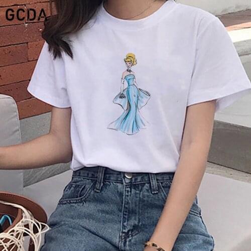Female T-shirt Harajuku Tshirts Lovely Disney Princess Cinderella T Shirts Women Cartoon Printed Girls Short Sleeves Tees Shirt