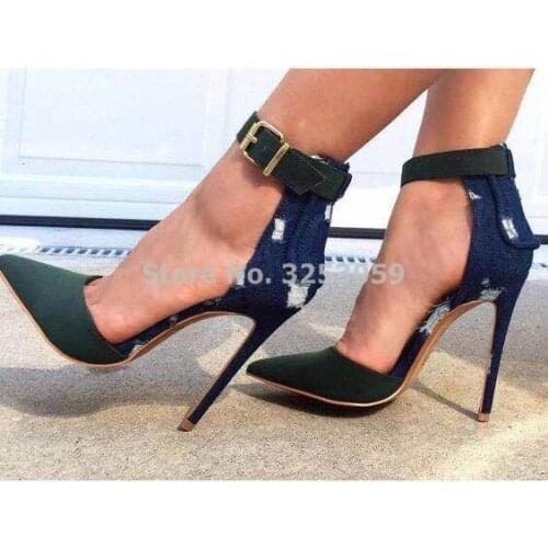 Women Chic Pointed Toe Pumps Concise Army Green Patchwork Dress Shoes Stiletto Heels Blue Denim Heel Gladiator Shoes Plus Size