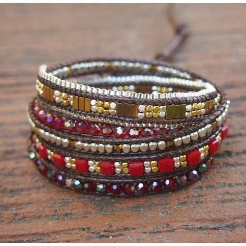 Boho 5Strands Wrap Bracelets for Women Chains Natural Faceted Crystal Geometric Red Stone Copper Beads Bracelet Fashion Jewelry