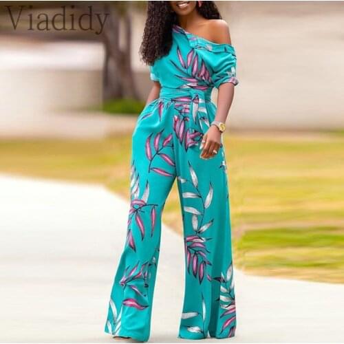 Women One Shoulder Short Sleeve Print Wide Leg Jumpsuit With Belt
