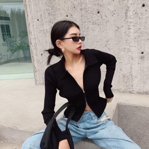 Women Polo Long Sleeve Zipper Knitted Cropped Sweater