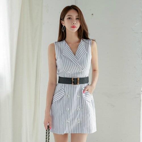 Plus Size Print Striped Office Work Dress Woman Sleeveless Corset Mini A Line Dress Ladies with Belt Pocket White Dress Elegant