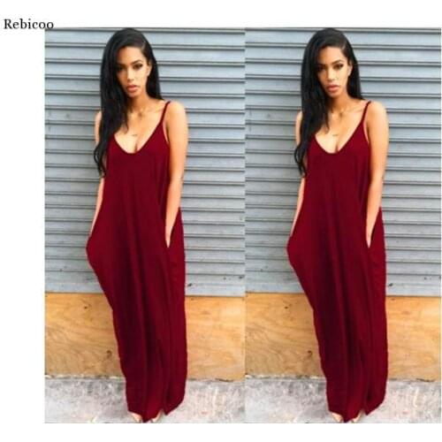 New Fashion Women Summer Beach Dress Irregular Suspenders Sexy Deep V Neck Pocket Lady Spaghetti Strap Maxi Dress