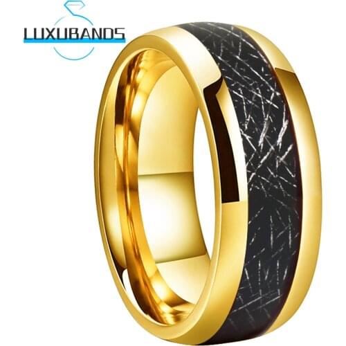 8MM Gold Women Men Tungsten Wedding Rings Black Meteorite Inlay Engagament Domed Bands Polished Finished Comfort Fit