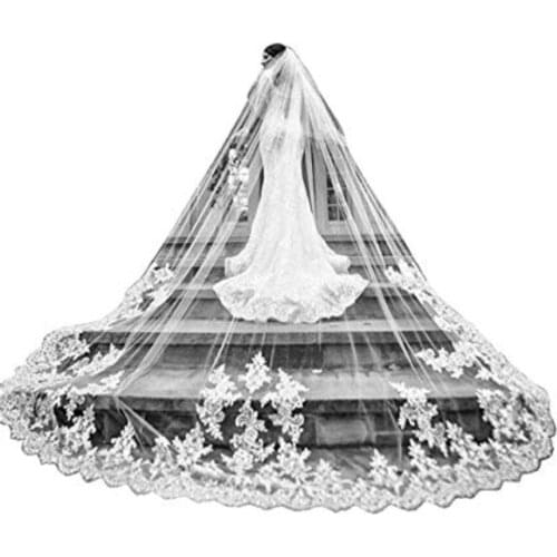 White Long Wedding Veils With Comb Two Layers Soft Tulle Lace Appliqued Custom Made Cheap Bridal Veil