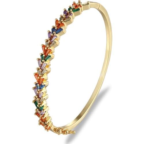 Geometric Rainbow Crystal Rhinestone Cuff Bangle Copper Gold Color Opening Bracelet For Women 2020 Fashion Jewelry Pulseiras
