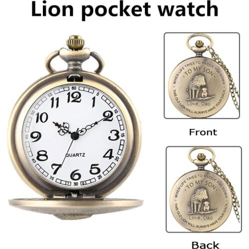 Lion Pattern Bronze Quartz Pocket Watch Chain Necklace Vintage Necklace Pendant Clock Gift Fob Watches Fashion Accessories