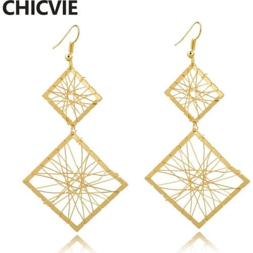 CHICVIE Gold Color Hollow Statement Earrings Vintage Women Double Drop Earrings Fashion Wedding Love Jewelry Brincos SER160007