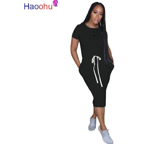 HAOOHU 2020 Women Summer T-Shirt Dress Pockets O-Neck Short Sleeve Sexy Party Night Club Street Bandage Dresses Vestidos