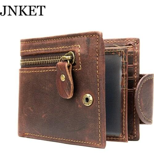 JNKET Retro Mens Short Wallet Cowhide Zipper Wallet Credit Card Wallet Billfold Card Holder