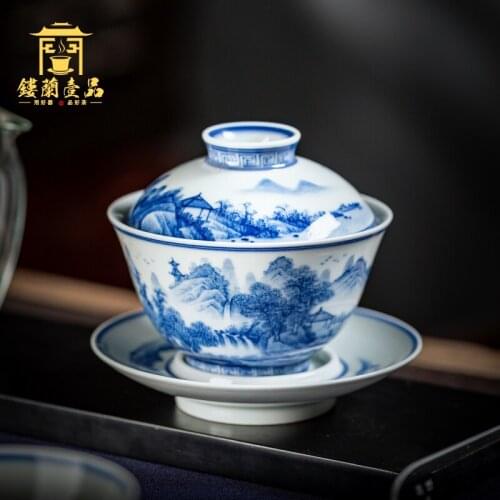 Ceramic hand painted blue and white chaiyao landscape Sancai bowl cover Kung Fu tea set tea cup large home tea bowl