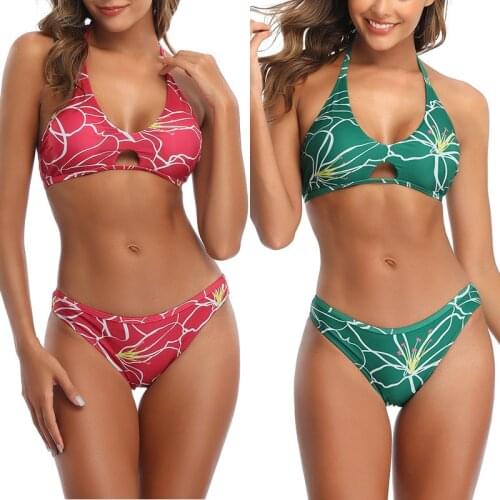Print Bikini Set Hollow Out Biquini Halter Straps Beachwear Two Pieces Swimwear 2021 Summer Women Sexy Low Waist Thong Swimsuits
