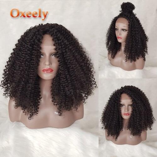 Oxeely Afro Curly Hair Synthetic Lace Front Wigs Kinky Curl Hair Natural Color Glueless Lace Front Wigs for Women