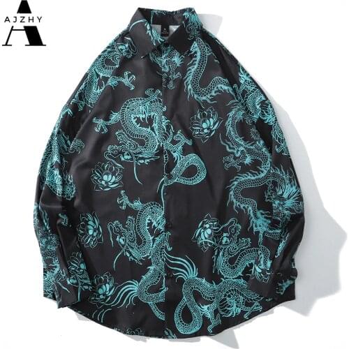 Dragon Printing Autumn Fashion Long Sleeve Shirt Men Chinese Style Harajuku Casual Tropical Beach Shirt for Men Vintage Casual