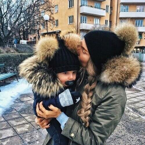2020 Parent-child Caps Infant Baby Kids Fluffy Pom Pom Cap Winter Double Fur Ball Hat Baby Mom Warm Knitted Hat Newborn Beanies