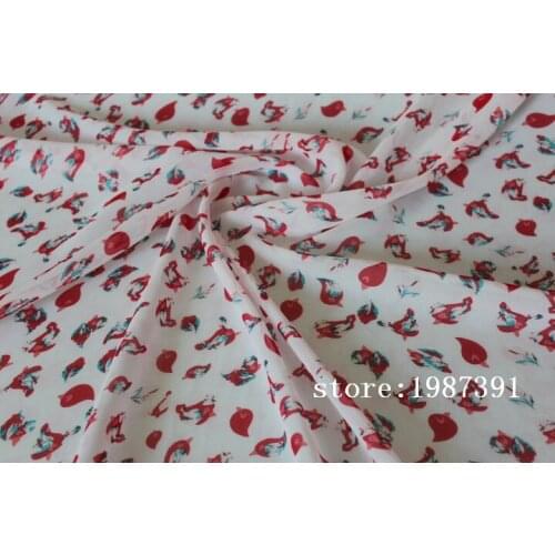 145cm width 75D printed chiffon fabric small red flowers pattern white background for summer skirt suit-dress CH-7117