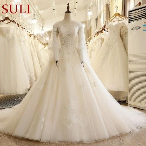SL-7820 O Neck Flowers Lantern Sleeve Lace Beads Wedding Dress 2017