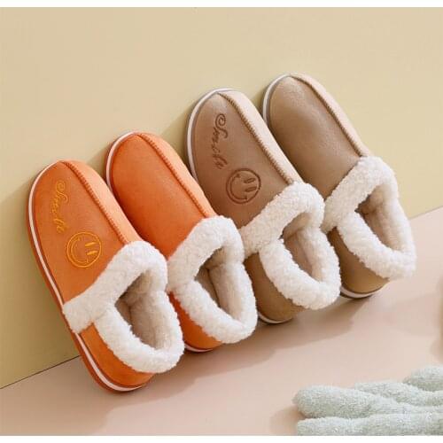 Winter Women Warm Slippers Cotton Plush Covered Back Thick Bottom Female Shoes Home Smile Face Casual Comfort Couple Slippers
