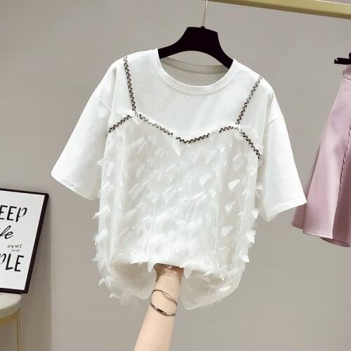 Unique Design 2021 Summer Womens Short Sleeves O Neck Butterfly Tassel Patchwork Cotton T-Shirt Ladies Casual Pullover Tee Tops