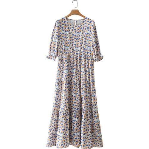 Vintage Jewel Neck Half Sleeve Midi Floral Dresses DLQZ732