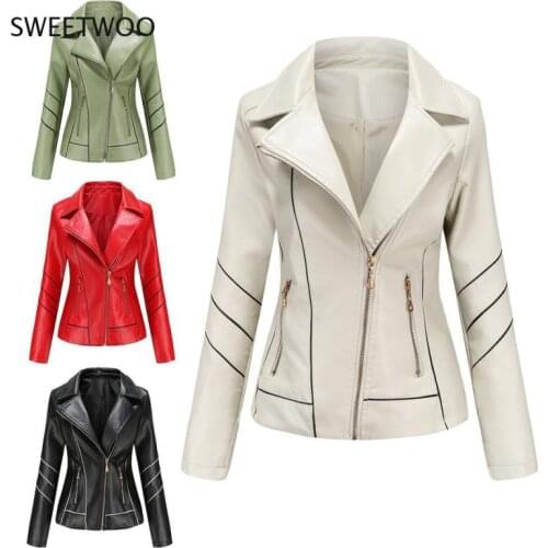 New Ladies Slim Faux Leather Jacket Turn-Down Collar Long Sleeve Overcoat Zipper Cardigan Short Coat Abrigos Mujer Invierno 2021