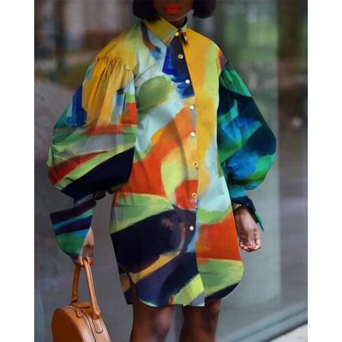 Women Shirt Printed Dress Loose Turn-down Collar Button Long Lantern Sleeves Female Casual Retro Colorful Plus Size New Clothing