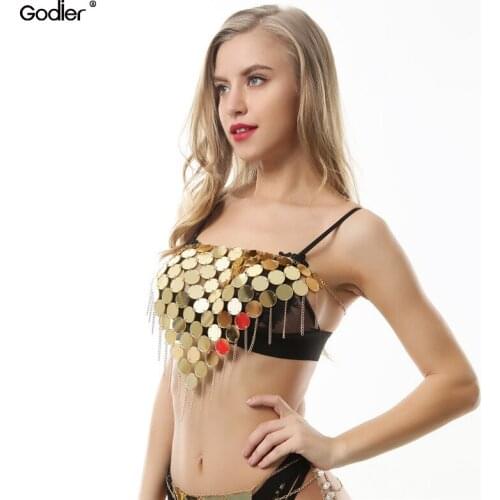Godier Summer Nightclub Tassel sequin Crop Top women Sequined Gold Silver Sexy Fashion backless Hollow Out Party beach camis