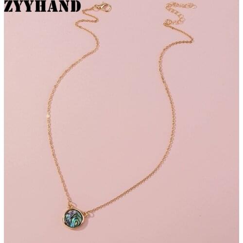 Natural Abalone Shelll Women Pendant Necklace Round Golden Color Cross Chain Girl Simple Engagement Jewelry