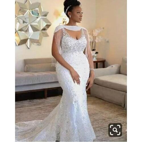 African White Gold Mermaid Wedding Dresses Women Pearls Tassel Beads Appliques Lace Long Bridal Gowns Vestidos de novia