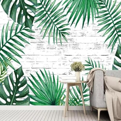 Milofi Custom Large 3D Wallpaper Mural Nordic Simple Brick Wall Green Banana Leaf Background Wall Decoration Mural Wallpaper