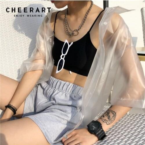 Cheerart Rain-Proof Streetwear Transparent Shirt Women Summer Cardigan See Through Tops And Blouses PVC Loose Top Femme 2018